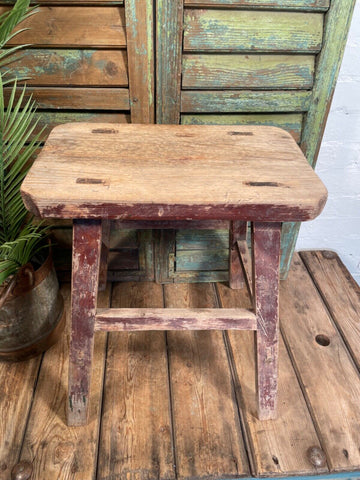 Antique Vintage Rustic Elm Market Stool Side Table Plant Stand