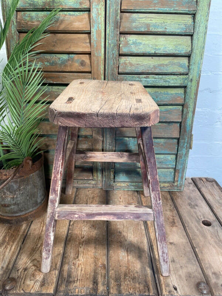 Antique Vintage Rustic Elm Market Stool Side Table Plant Stand