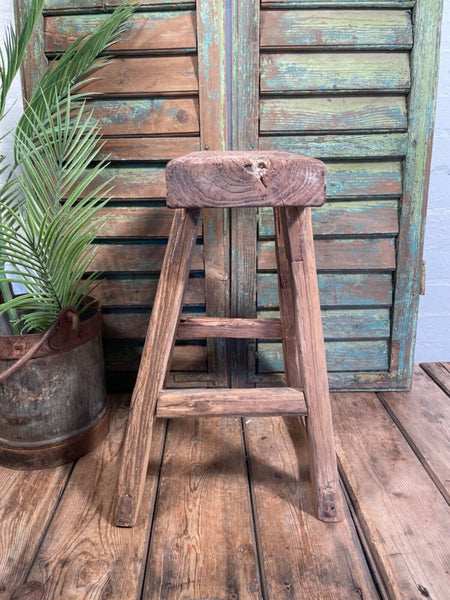 Antique Vintage Rustic Elm Market Stool Side Table Plant Stand