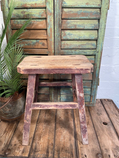 Antique Vintage Rustic Elm Market Stool Side Table Plant Stand