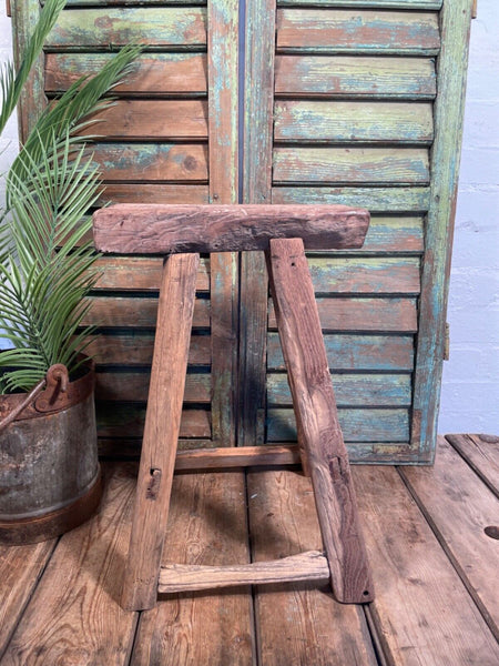Antique Vintage Rustic Elm Market Stool Side Table Plant Stand