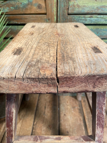 Antique Vintage Rustic Elm Market Stool Side Table Plant Stand