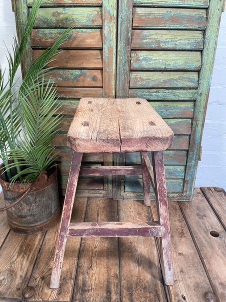 Antique Vintage Rustic Elm Market Stool Side Table Plant Stand