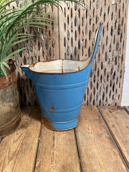 Vintage French Rustic Blue Hanging Enamel Milking Bucket Garden Planter