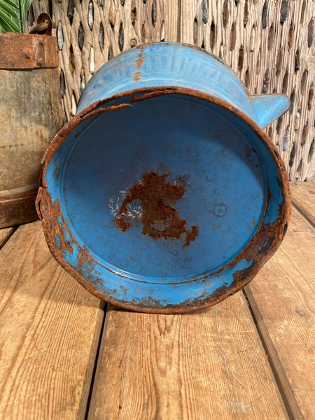 Vintage French Rustic Blue Hanging Enamel Milking Bucket Garden Planter