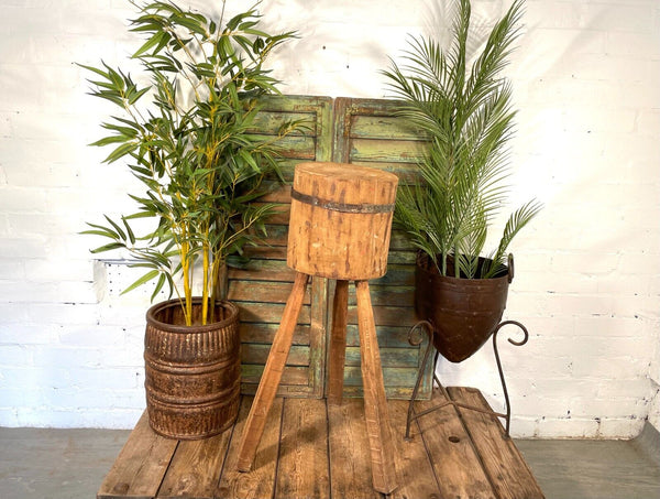 Vintage Reclaimed Rustic Wooden Stump Chopping Block Lamp Side Table Plant Stand