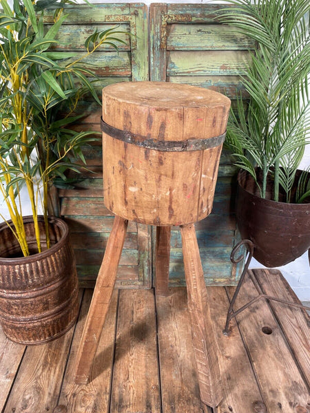 Vintage Reclaimed Rustic Wooden Stump Chopping Block Lamp Side Table Plant Stand