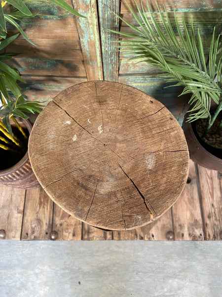 Vintage Reclaimed Rustic Wooden Stump Chopping Block Lamp Side Table Plant Stand