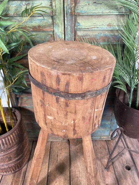 Vintage Reclaimed Rustic Wooden Stump Chopping Block Lamp Side Table Plant Stand