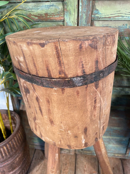 Vintage Reclaimed Rustic Wooden Stump Chopping Block Lamp Side Table Plant Stand