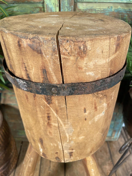 Vintage Reclaimed Rustic Wooden Stump Chopping Block Lamp Side Table Plant Stand