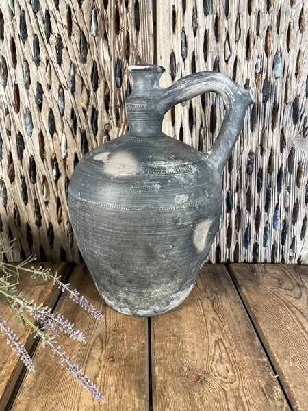 Antique Vintage European Hand Made Black Clay Terracotta Wine Vessel Jug Pitcher