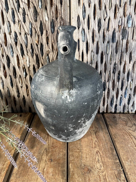 Antique Vintage European Hand Made Black Clay Terracotta Wine Vessel Jug Pitcher