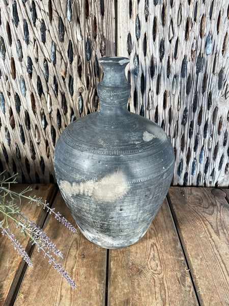 Antique Vintage European Hand Made Black Clay Terracotta Wine Vessel Jug Pitcher
