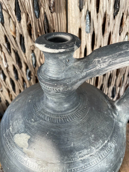 Antique Vintage European Hand Made Black Clay Terracotta Wine Vessel Jug Pitcher