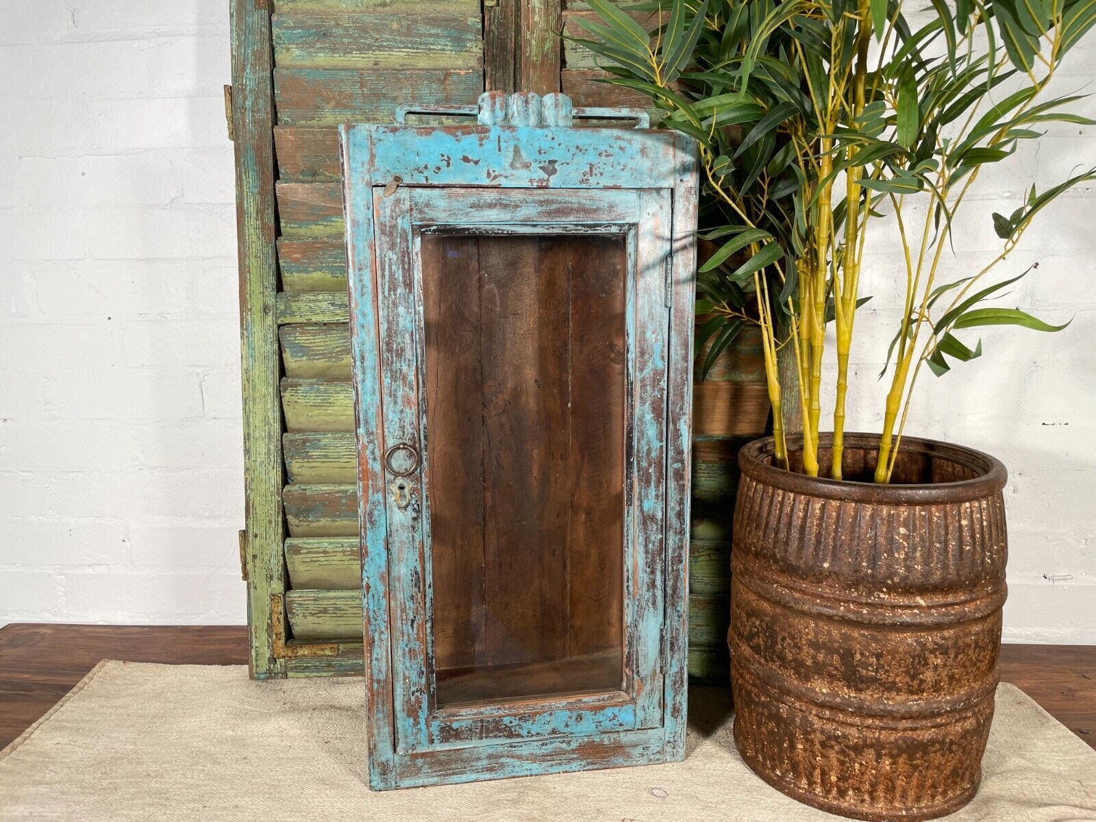 Vintage Rustic Indian Blue Wood Glass Shop Display Bathroom Kitchen Wall Cabinet