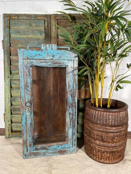 Vintage Rustic Indian Blue Wood Glass Shop Display Bathroom Kitchen Wall Cabinet