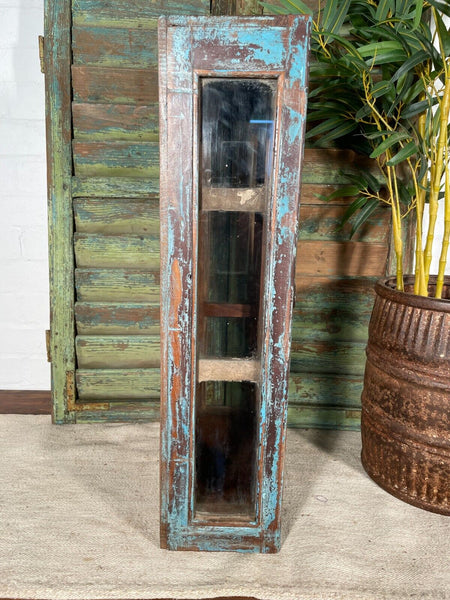 Vintage Rustic Indian Blue Wood Glass Shop Display Bathroom Kitchen Wall Cabinet