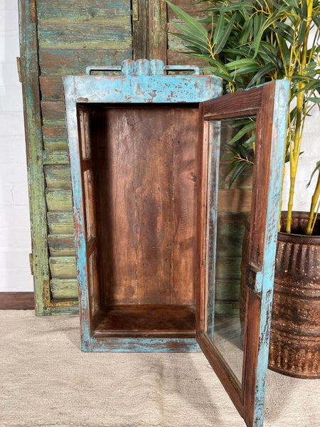 Vintage Rustic Indian Blue Wood Glass Shop Display Bathroom Kitchen Wall Cabinet