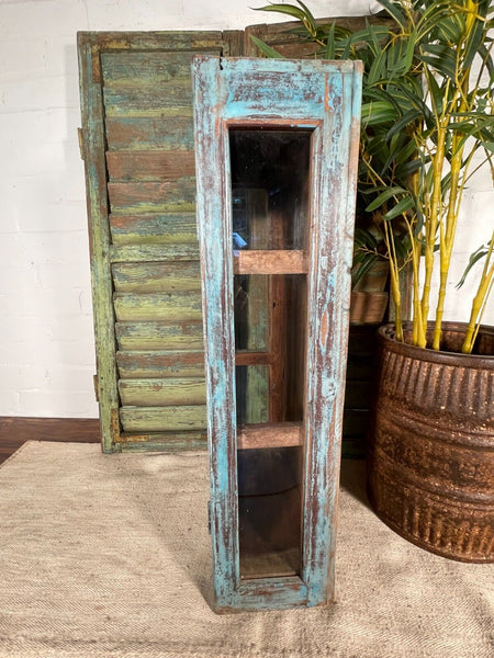 Vintage Rustic Indian Blue Wood Glass Shop Display Bathroom Kitchen Wall Cabinet