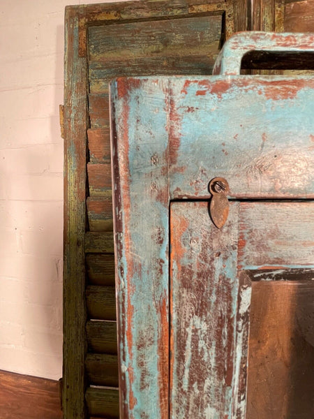 Vintage Rustic Indian Blue Wood Glass Shop Display Bathroom Kitchen Wall Cabinet