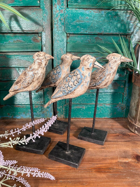 Vintage Hand Carved Painted Indian Wooden Bird Sculpture On Stand