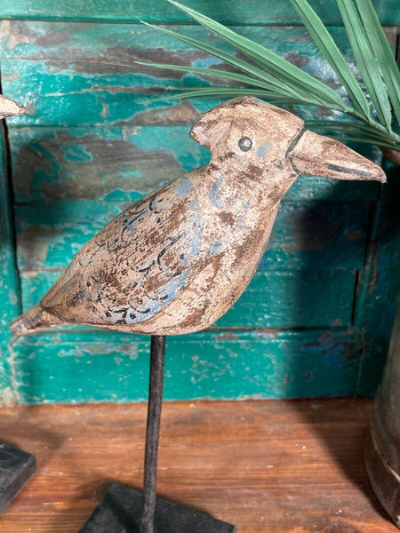 Vintage Hand Carved Painted Indian Wooden Bird Sculpture On Stand