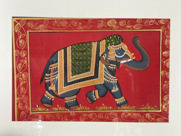 Antique Vintage Indian Silk Fabric Hand Painted Elephant Painting