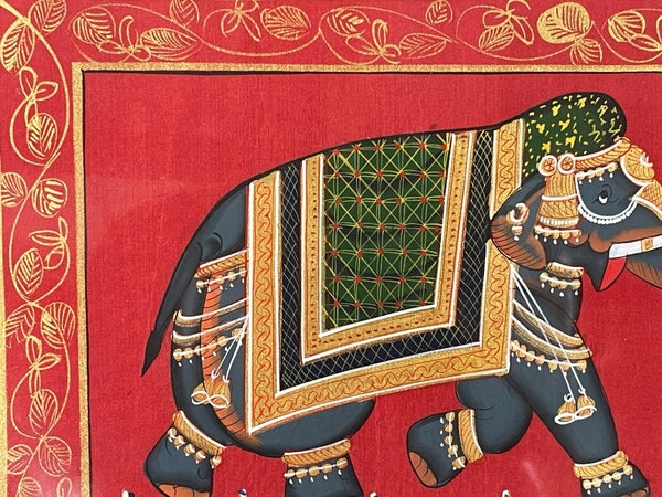 Antique Vintage Indian Silk Fabric Hand Painted Elephant Painting