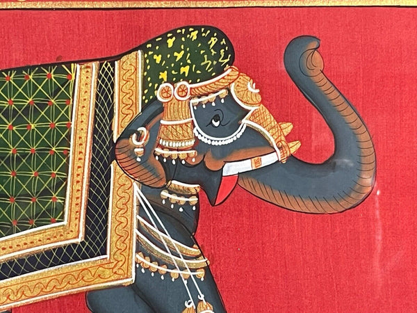 Antique Vintage Indian Silk Fabric Hand Painted Elephant Painting