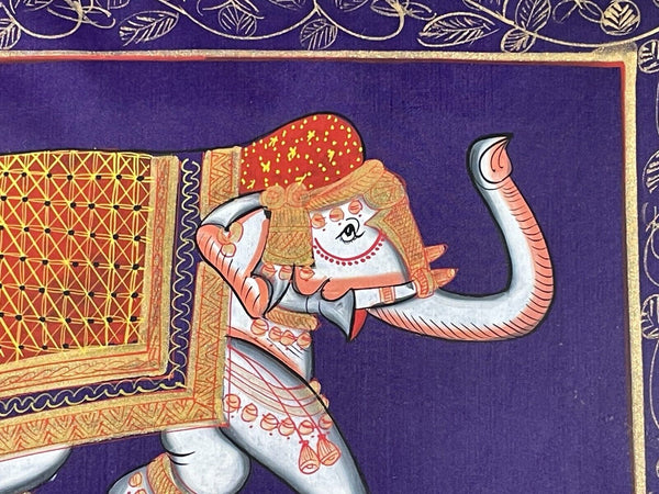 Antique Vintage Indian Silk Fabric Hand Painted Elephant Painting