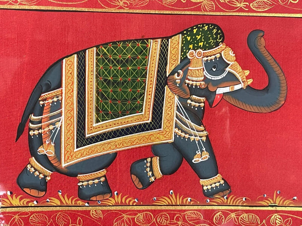 Antique Vintage Indian Silk Fabric Hand Painted Elephant Painting