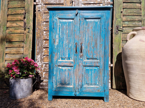 Antique Vintage Indian Blue  Wooden Storage Kitchen Bathroom Drinks Cabinet