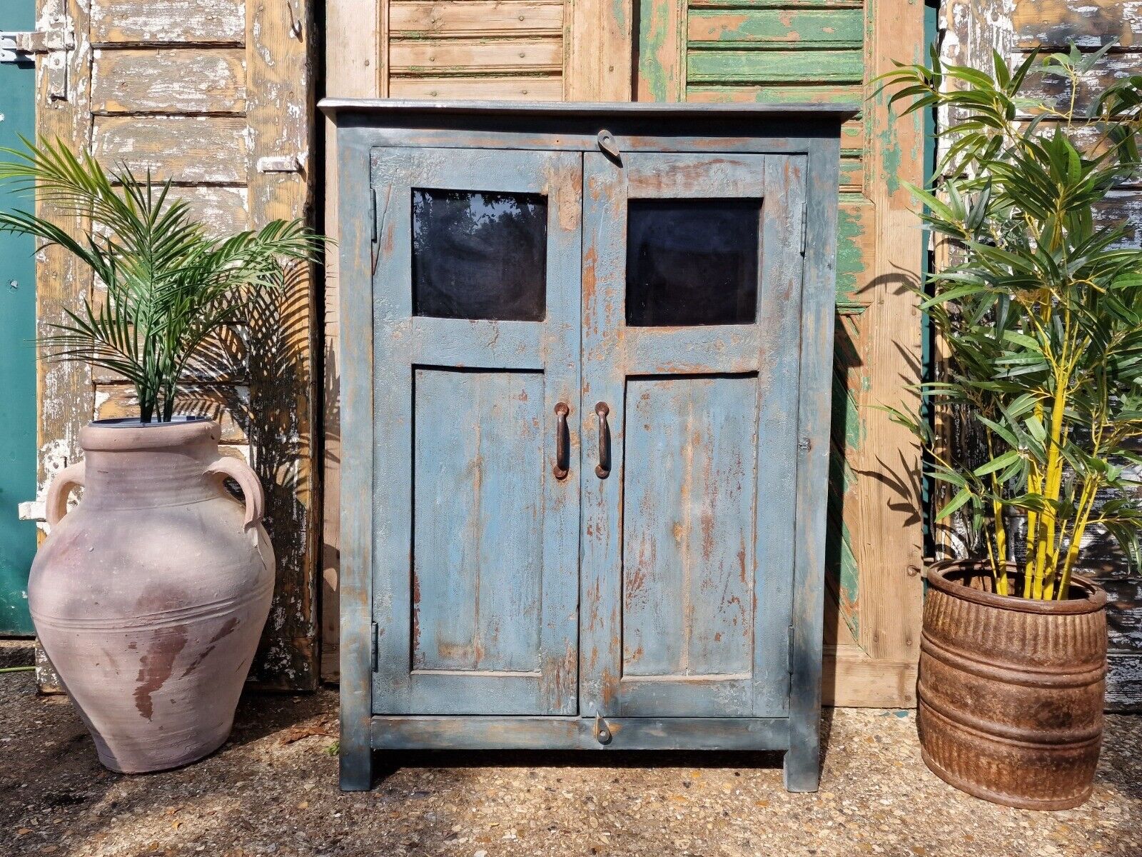 Vintage Reclaimed Blue Indian Wooden Glass Kitchen Bathroom Drinks Cabinet