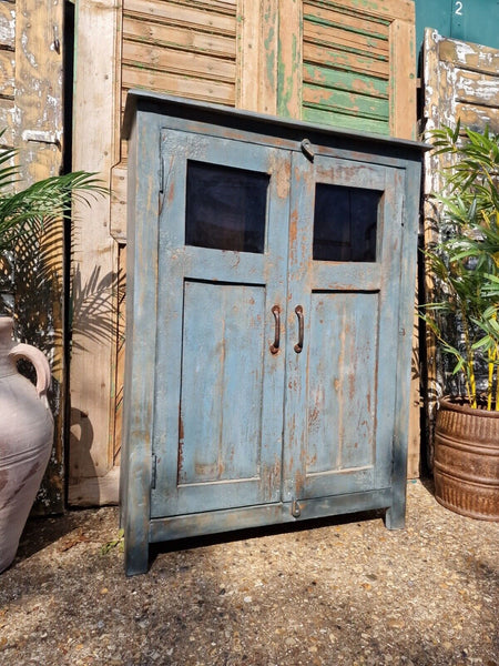 Vintage Reclaimed Blue Indian Wooden Glass Kitchen Bathroom Drinks Cabinet