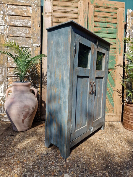 Vintage Reclaimed Blue Indian Wooden Glass Kitchen Bathroom Drinks Cabinet