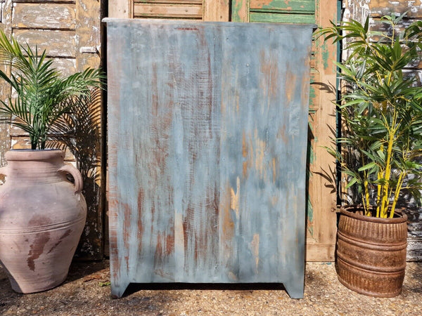 Vintage Reclaimed Blue Indian Wooden Glass Kitchen Bathroom Drinks Cabinet