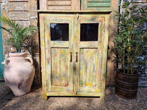 Vintage Reclaimed Green Indian Wooden Glass Kitchen Bathroom Drinks Cabinet