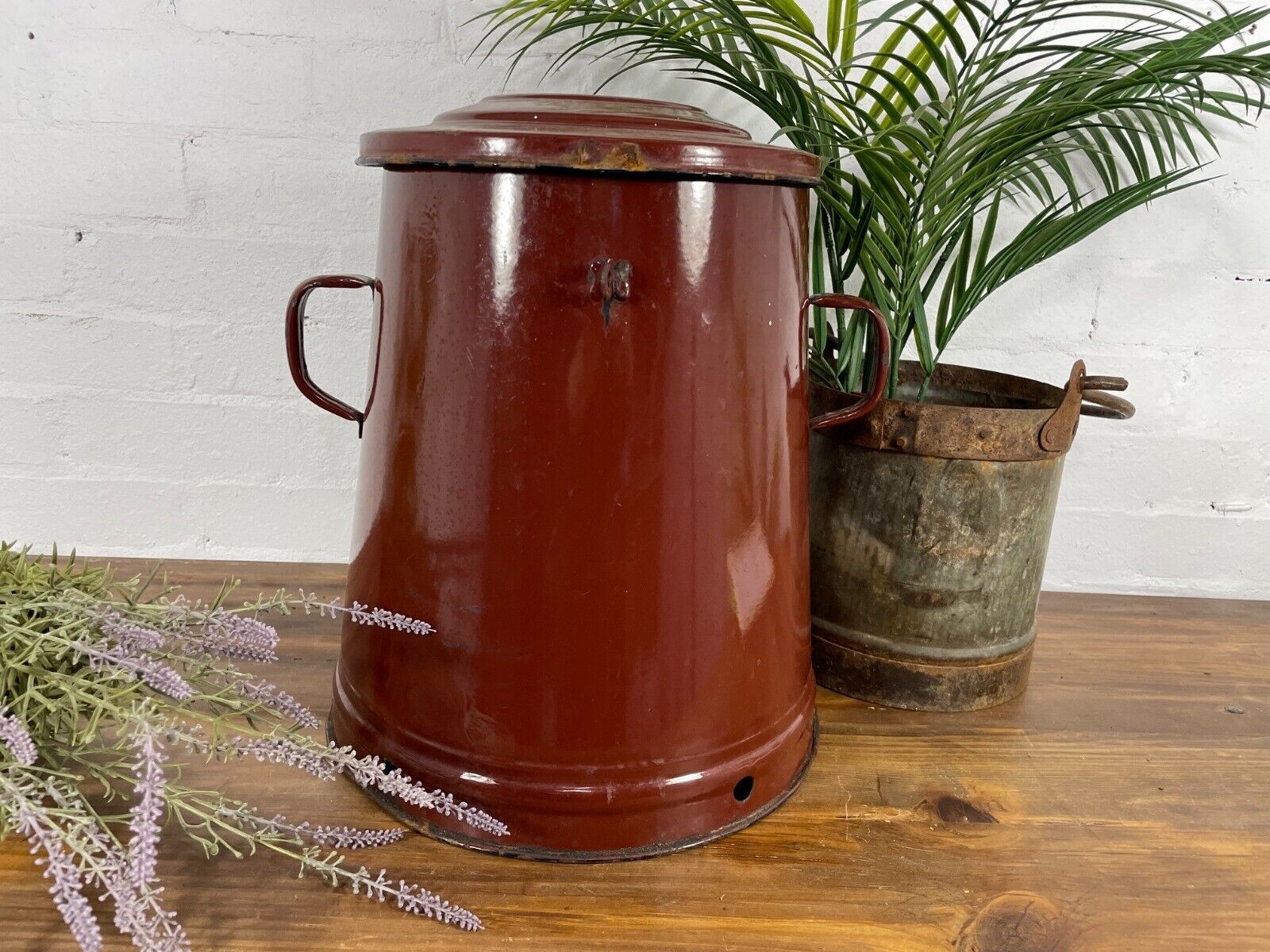 Vintage 1960's Brown Hungarian Enamel Kitchen Storage Bin Pot Tub Bread Flour