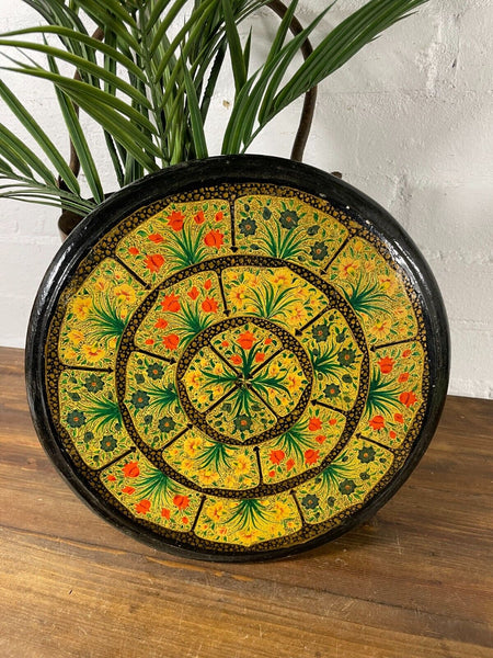 Vintage Original Kashmiri Hand Painted Floral Papier Mache Display Plate Bowl