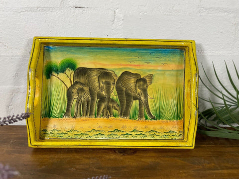 Vintage Original Kashmiri Hand Painted Elephant Papier Mache Tray