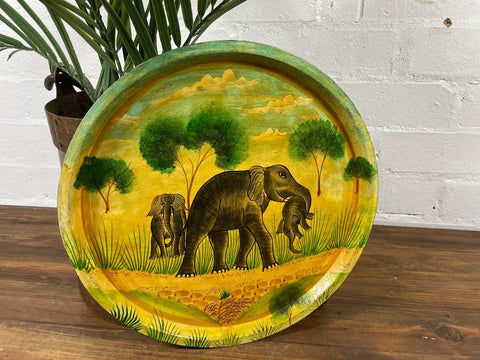 Vintage Original Kashmiri Hand Painted Elephant Papier Mache Tray