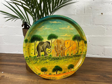 Vintage Original Kashmiri Hand Painted Elephant Papier Mache Tray