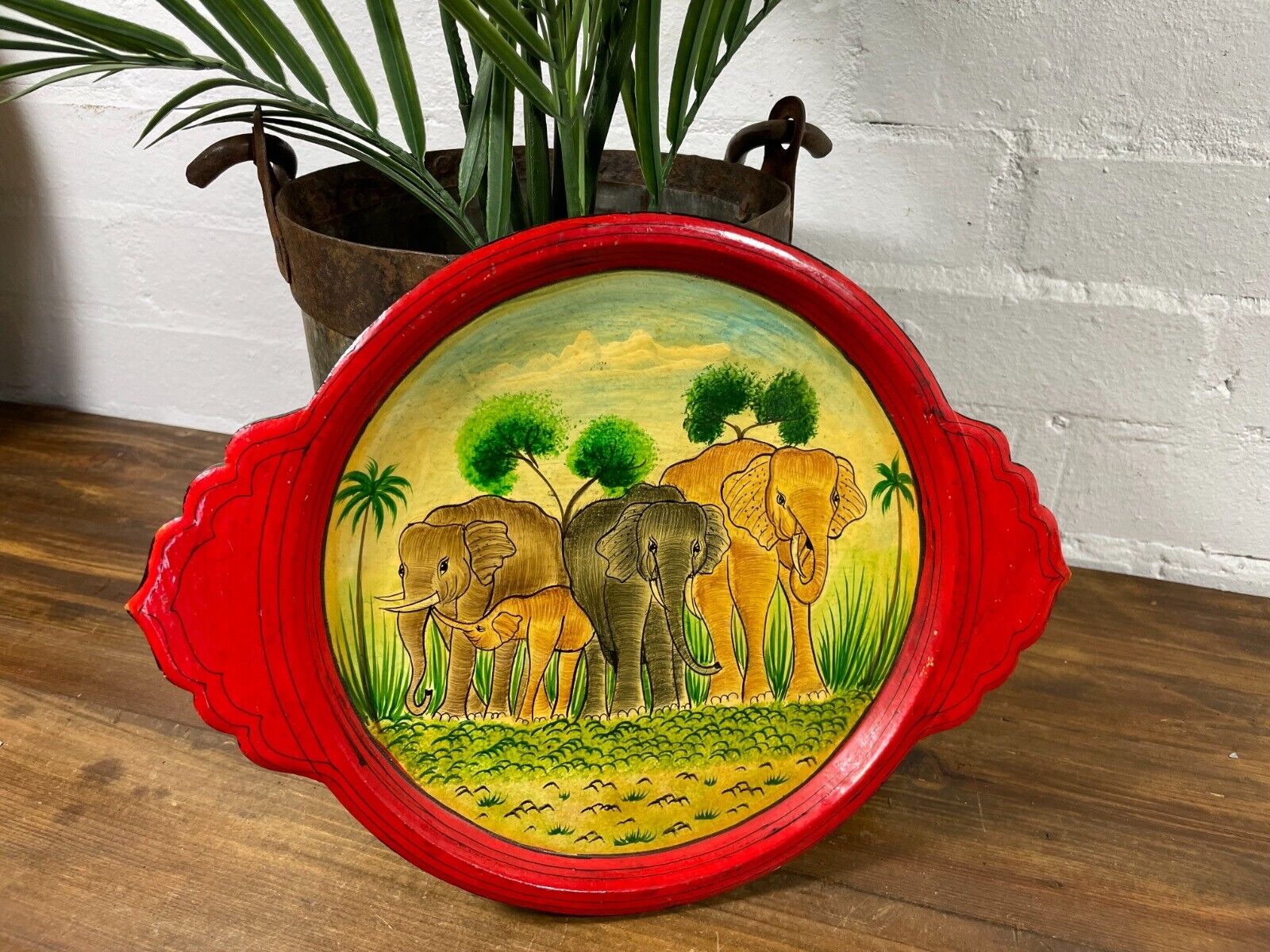Vintage Original Kashmiri Hand Painted Elephant Papier Mache Tray