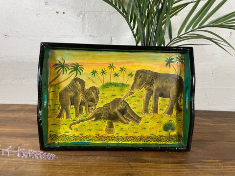 Vintage Original Kashmiri Hand Painted Elephant Papier Mache Tray