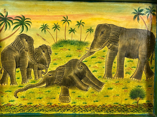 Vintage Original Kashmiri Hand Painted Elephant Papier Mache Tray