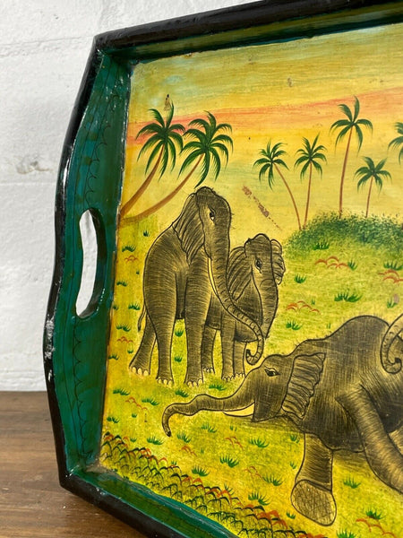 Vintage Original Kashmiri Hand Painted Elephant Papier Mache Tray
