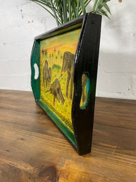 Vintage Original Kashmiri Hand Painted Elephant Papier Mache Tray
