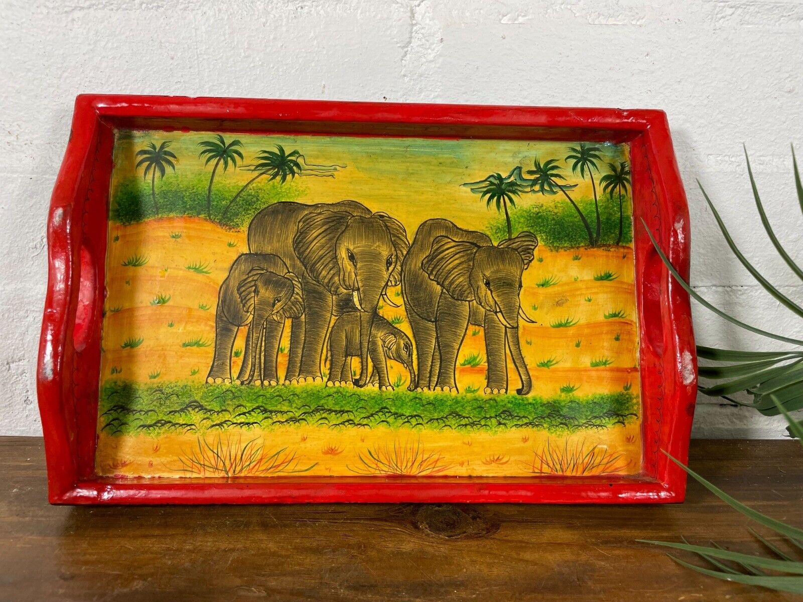 Vintage Original Kashmiri Hand Painted Elephant Papier Mache Tray