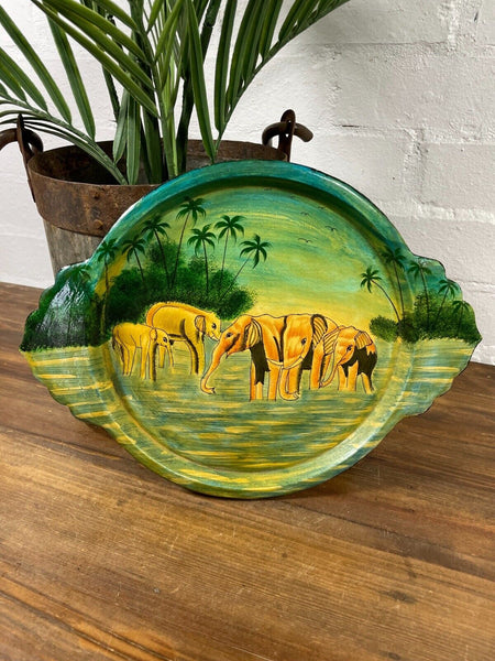 Vintage Original Kashmiri Hand Painted Elephant Papier Mache Tray